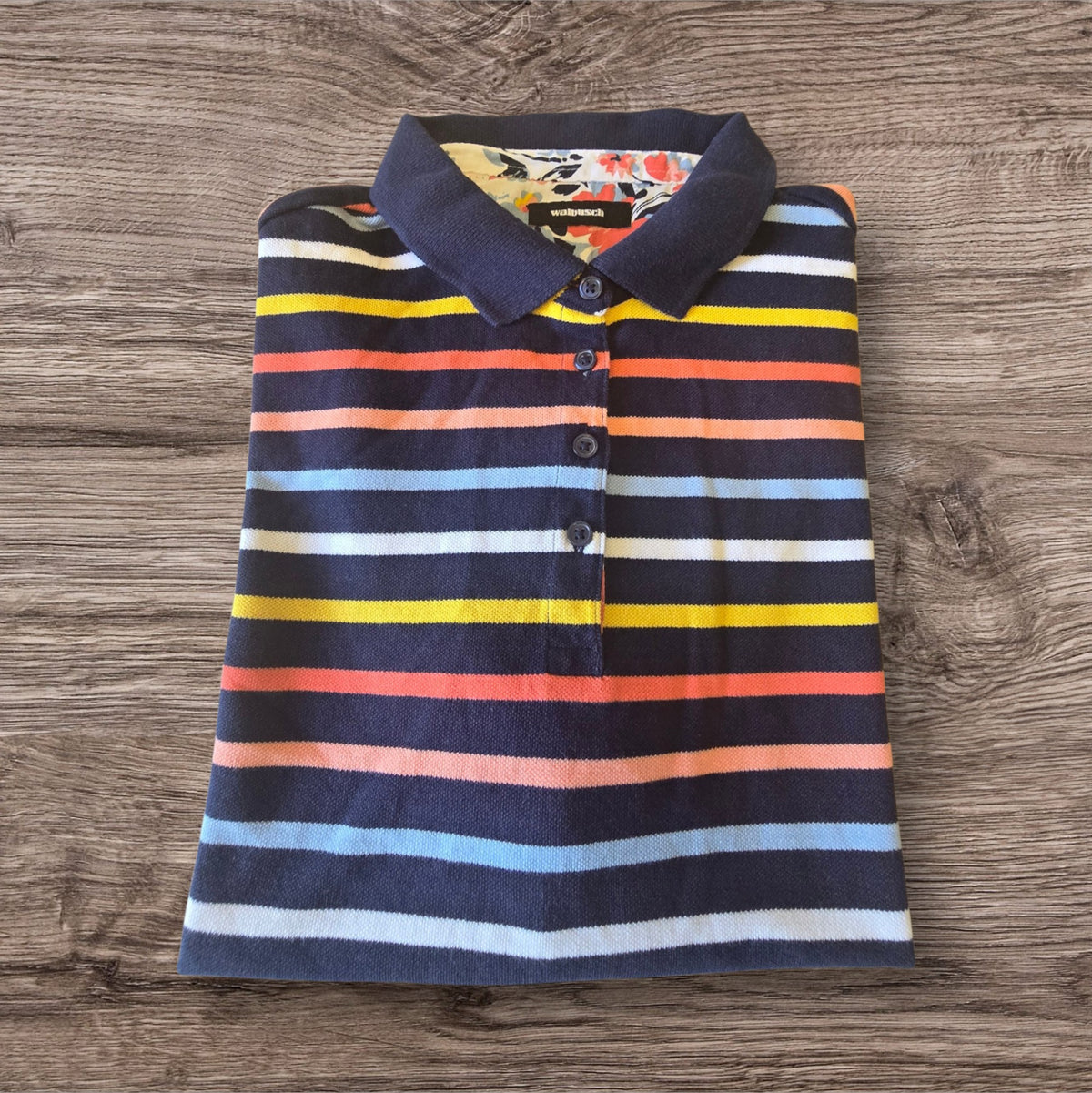 Polo a righe Ottoman Kumus Walbusch in cotone blu con dettagli floreali interni al colletto e bottoni frontali
