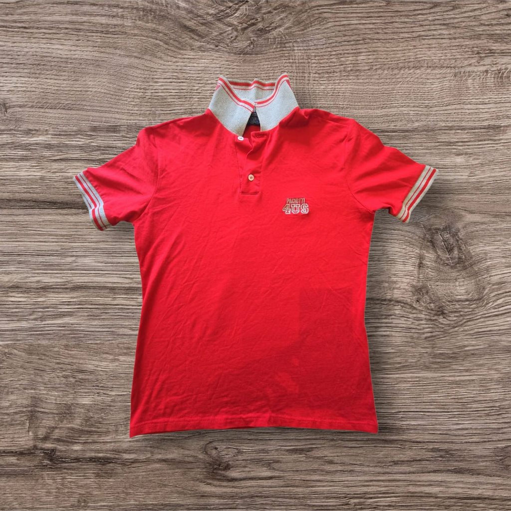 Polo rossa in cotone Ottoman Kumus con colletto grigio a righe e logo Paciotti 4US ricamato sul petto