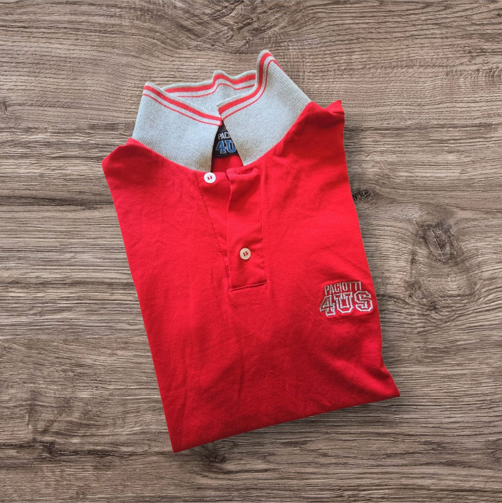 Polo rossa in cotone Ottoman Kumus con colletto grigio a righe e logo Paciotti 4US ricamato sul petto