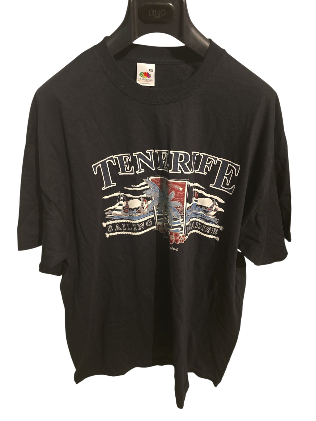 T-shirt nera in cotone Ottoman Kumus con stampa grafica vintage Tenerife Sailing Paradise e palme