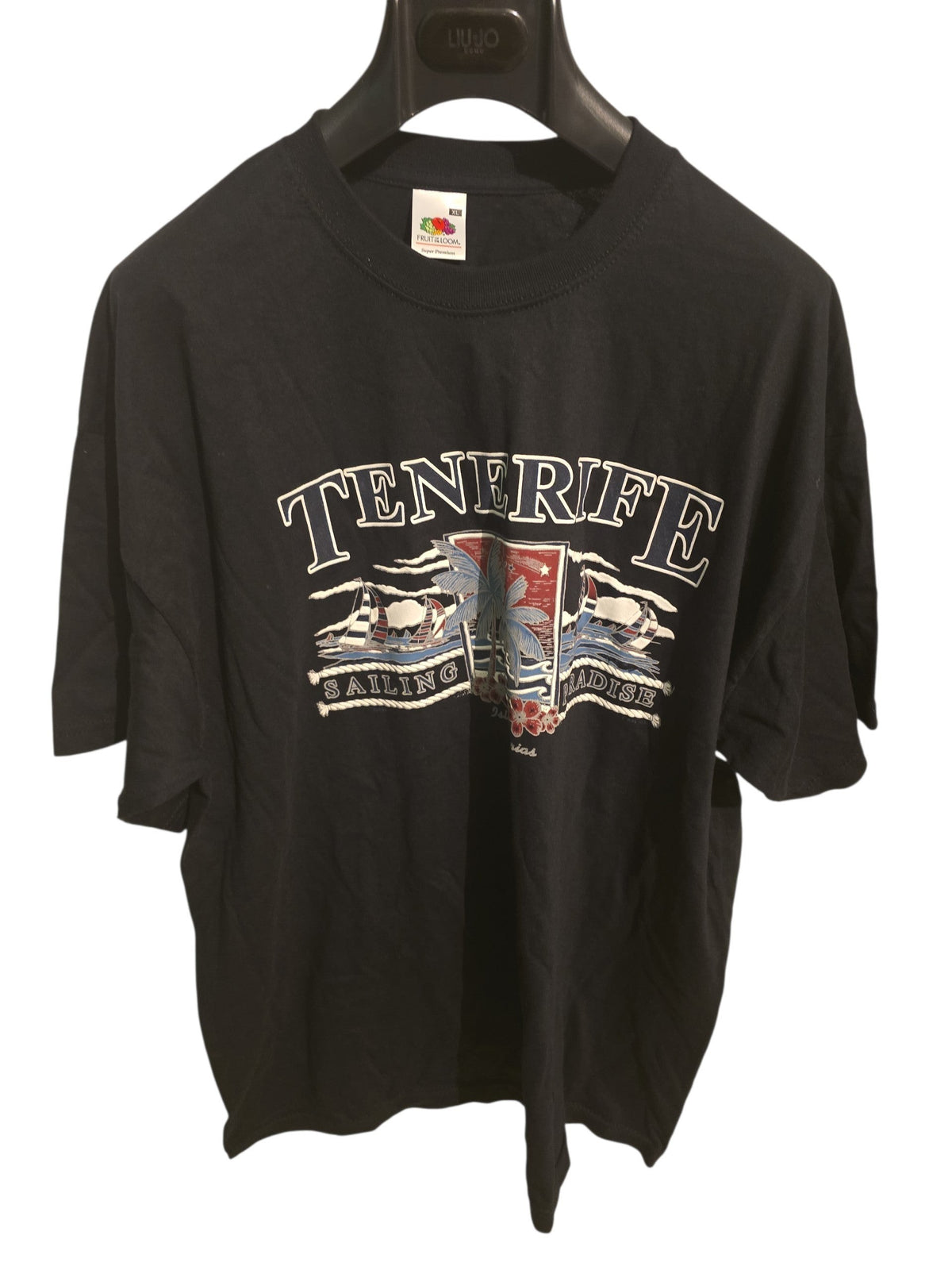 T-shirt nera in cotone Ottoman Kumus con stampa grafica vintage Tenerife Sailing Paradise e palme