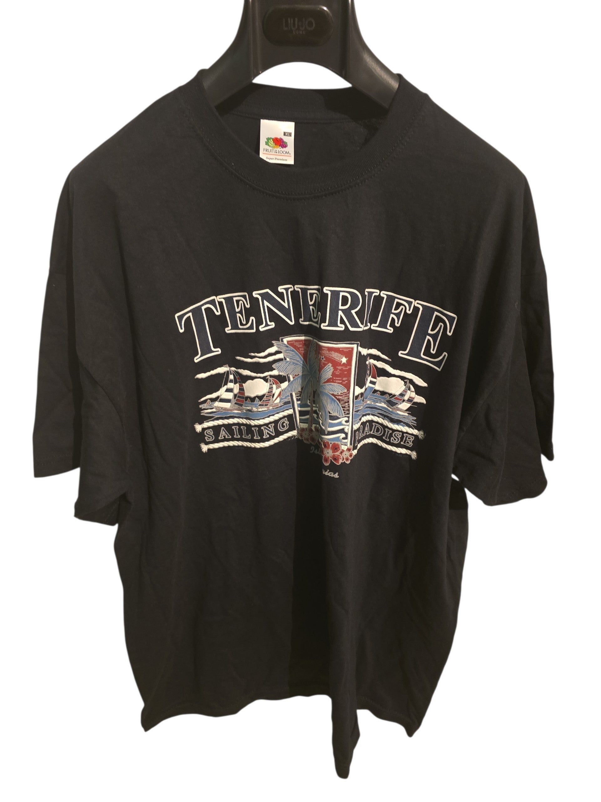T-shirt nera in cotone Ottoman Kumus con stampa grafica vintage Tenerife Sailing Paradise e palme