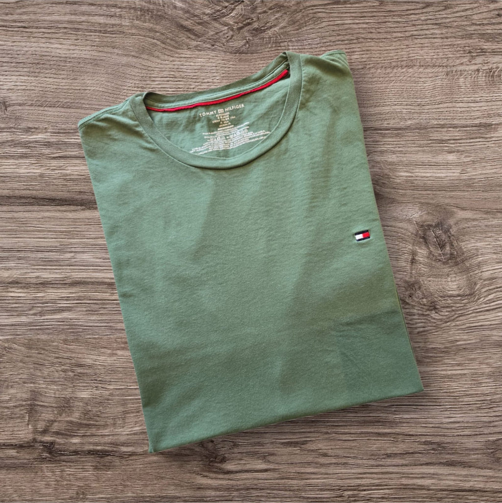 T-shirt girocollo in cotone verde salvia Ottoman Kumus Tommy Hilfiger con logo ricamato sul petto